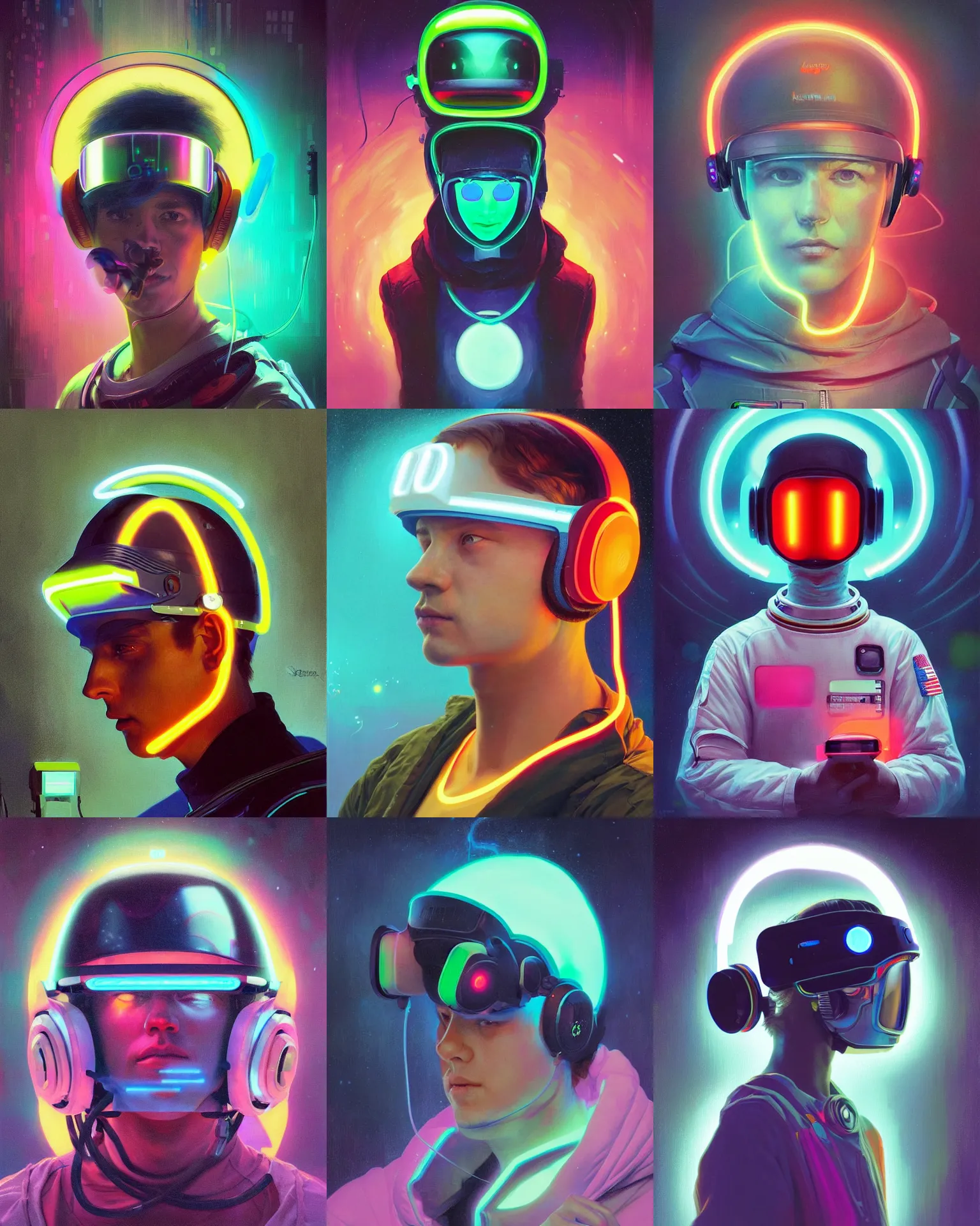 Prompt: future coder looking on, glowing visor over eyes and sleek neon headphones, neon accents, desaturated headshot portrait painting by dean cornwall, ilya repin, rhads, tom whalen, alex grey, alphonse mucha, astronaut cyberpunk electric fashion photography