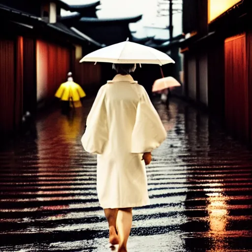 Image similar to a woman wearing a white dress walking on the wet street on a rainy night in kyoto by wes anderson and makoto shinkai. dramatic lighting. cel shading.