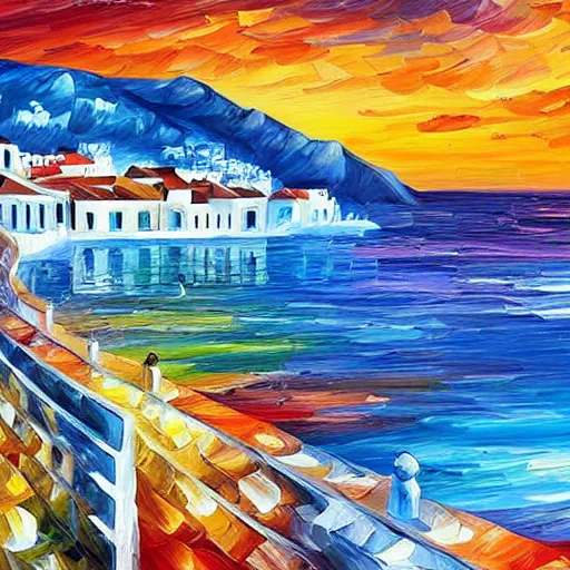 Prompt: beautiful seaside greek village in the style of leonid afremov