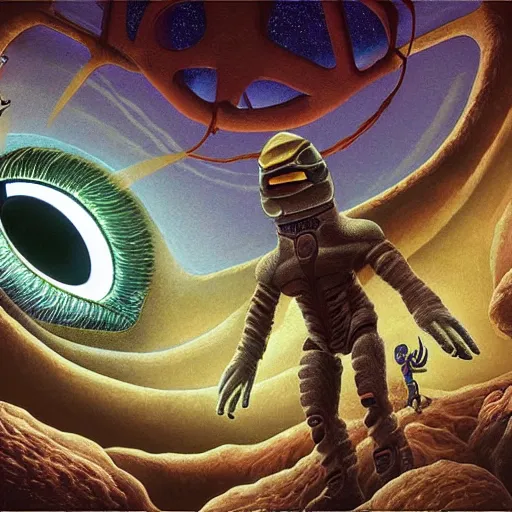 Image similar to waking up from coma, first person view, being cared for by primitive extraterrestrials, cinematic, worm's eye view, dramatic lighting, illustration, ron cobb, mike mignogna, science fiction