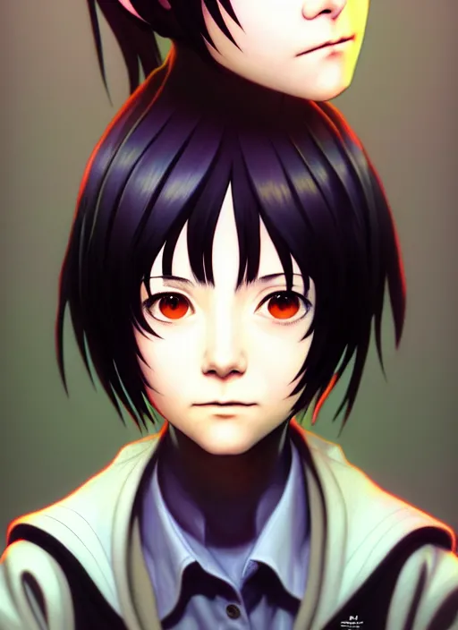 Image similar to a beautiful portrait painting of lain from serial experiments : lain. character design by shinji aramaki, charlie bowater, ross tran, artgerm, and makoto shinkai