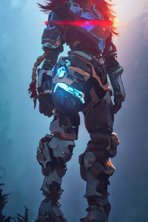 Image similar to combination suit armor aloy horizon forbidden west horizon zero dawn radiating a glowing aura global illumination ray tracing hdr fanart arstation by ian pesty and alena aenami artworks in 4 k tribal robot ninja mask helmet backpack