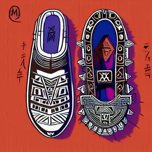 Image similar to sneaker design concept art, aztec mayan street fashion native punk sneaker design, majora's mask, wearing wooden mask, hip hop sneaker design with subtle mayan patterns, gapmoe yandere grimdark, trending on pixiv fanbox, painted by greg rutkowski makoto shinkai takashi takeuchi studio ghibli, akihiko yoshida