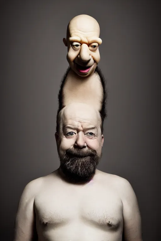 Image similar to studio portrait of man that looks excactly like homer simpson, lookalike, as if homer simpson came to life, soft light, black background, fine details, close - up, award winning photo by manny librodo