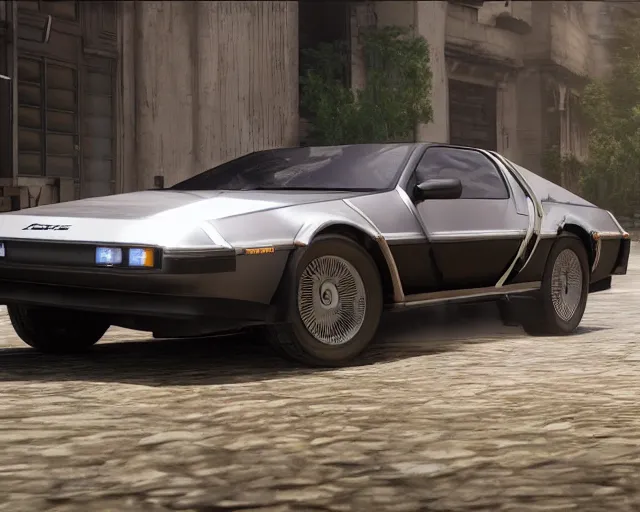 Prompt: updated sleek concept for a delorean, cinematic, photoreal, by red dead redemption 2