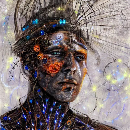 Image similar to mythological self made Shaman of artificial intelligence creating himself with an artificial neural network with synapses, high resolution, award winning art, trending on art station, sharp image, incredibly detailed, detailed character realistic painting