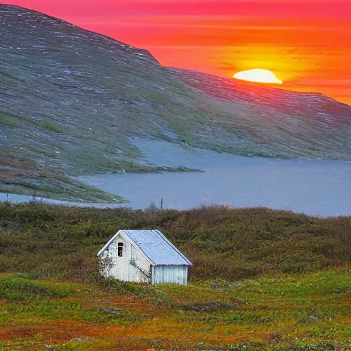 Prompt: overgrown norwegian village at the coast, sunset, arctic, beautiful, impressionist art