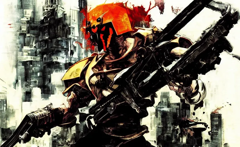 Image similar to the demonslayer carries a buster sword to vanquish all the shinra soldiers and the hell creatures invading the apartment building, judge dredd inspired, digital painting, hardcore metal cover art, intense, cinematic, muzzle flashes, graphic novel, masterpiece, by ilya kuvshinov, by yoji shinkawa, by kentaro miura