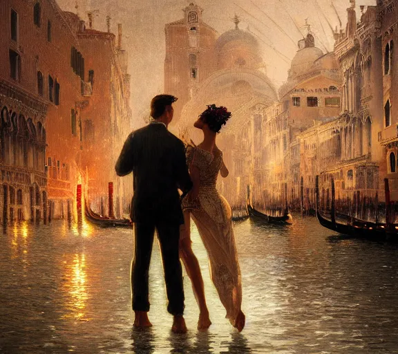 Prompt: photography of a couple in venice with fireworks, deep focus, intricate, elegant, highly detailed, digital painting, artstation, concept art, matte, sharp focus, illustration, art by artgerm and greg rutkowski and alphonse mucha and gil elvgren