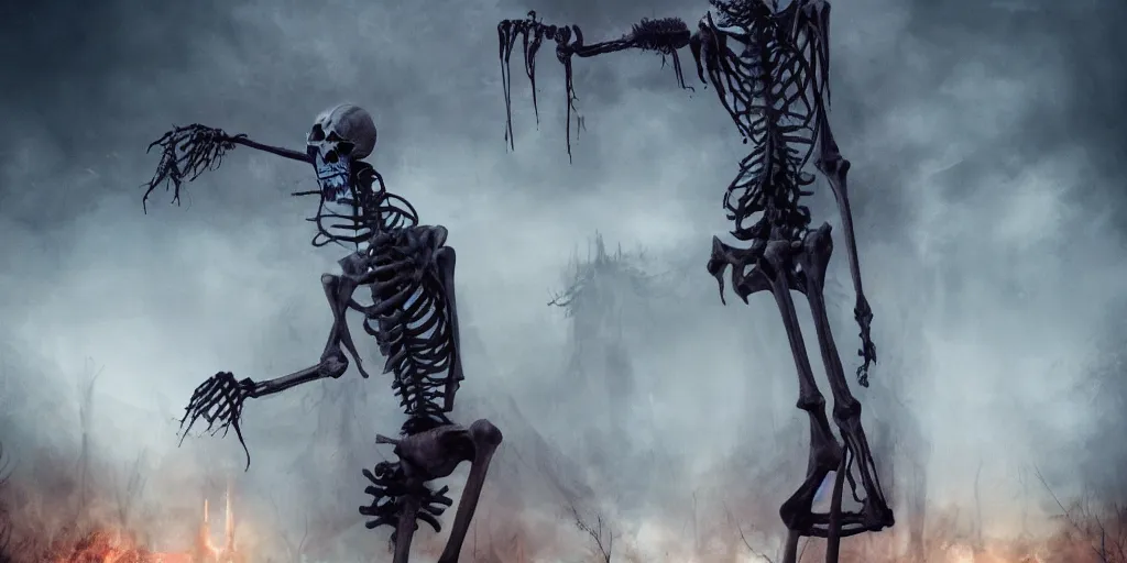 Prompt: a tall,scary and slender skeleton with soft and luminous colors dances in an apocalyptic landscape with vapor and smoke in twilight, darkart, hyperdetailed, hyperealistic,cinematography, 8k,Artstation, Deviantart, beautiful -1024