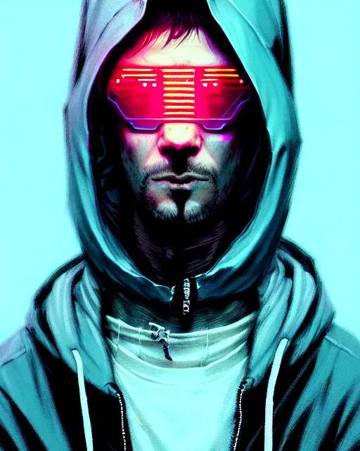 Image similar to cyberpunk synth, hyper - realistic portrait of a man in a hoodie with detailed neon mask, cyberpunk, intricate, digital painting, by atey ghailan, by greg rutkowski, by greg tocchini, by james gilleard, by joe fenton, by kaethe butcher, dynamic lighting, gradient light blue, lighting color scheme, sharp focus, grunge aesthetic