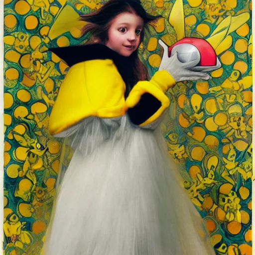 Prompt: girl in a pikachu costume, art by Annie Libovitz and Alhpnse Mucha,