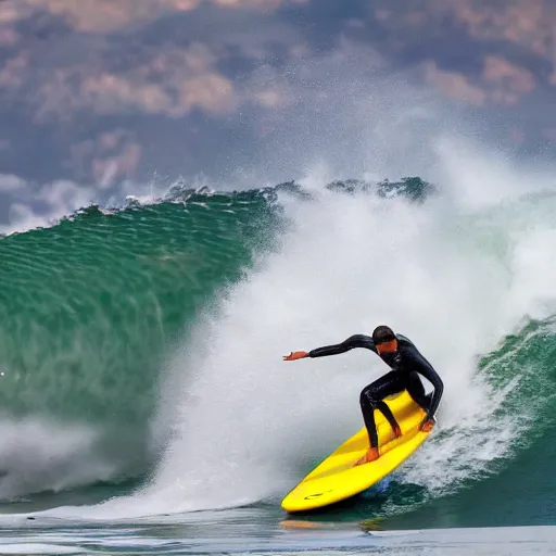 Image similar to action photo of a surfer surfing a tsunami about to crush the golden gate, action photograph