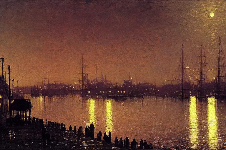 Image similar to victorian harbour night, a beautiful painting by atkinson grimshaw, autumn,