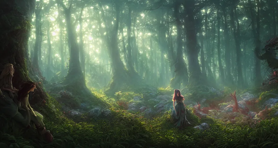 Image similar to highly detailed fairytale forest, stephen bliss, unreal engine, greg rutkowski, loish, rhads, beeple, makoto shinkai and lois van baarle, ilya kuvshinov, rossdraws, tom bagshaw, tom whalen, alphonse mucha, global illumination, god rays, detailed and intricate environment