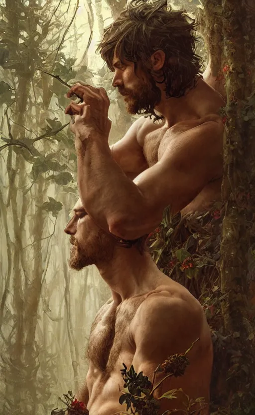 Image similar to god of the forest, rugged, handsome, male, detailed face, clean lines, atmospheric lighting, amazing, full body, thighs, flowers, muscular, intricate, highly detailed, digital painting, deviantart, concept art, sharp focus, illustration, art by greg rutkowski and alphonse mucha