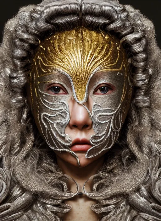 Image similar to hyperrealism, detailed textures, award winning photo, symetrical japanese medusa queen autochrome portrait, silverplate, intricate, detailed facial animal mask, golden jewelery, silverplate, ultra realistic, cinematic, intricate, cinematic light by steve mccurry, unreal engine 8 k