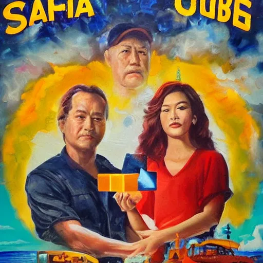 Prompt: movie poster, magic cube on oil sea, oil painting