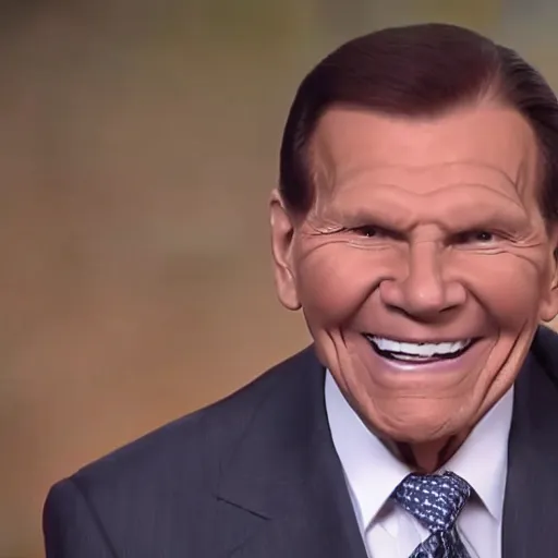 Prompt: a still of kenneth copeland, smiling, surrounded by flying money