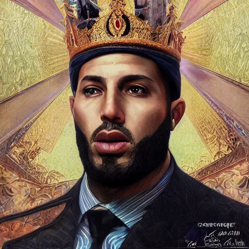 Image similar to clear portrait of king of morocco having a rap battle, cottagecore!!, detroit hood background hyper detailed, character concept, full body, dynamic pose, elegant, intricate, highly detailed, digital painting, artstation, concept art, smooth, sharp focus, illustration, art by artgerm and greg rutkowski and alphonse mucha