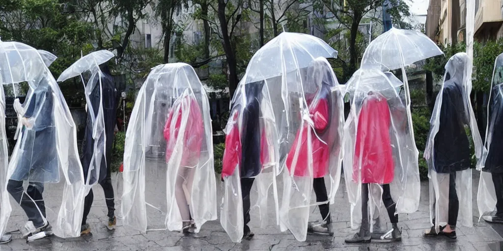 Prompt: transparent raincoats holding transparent umbrellas