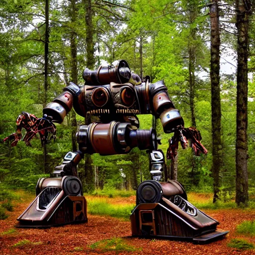 Image similar to steampunk colossal mech robot travels across a swedish forest very low angle photograph trending on artstation