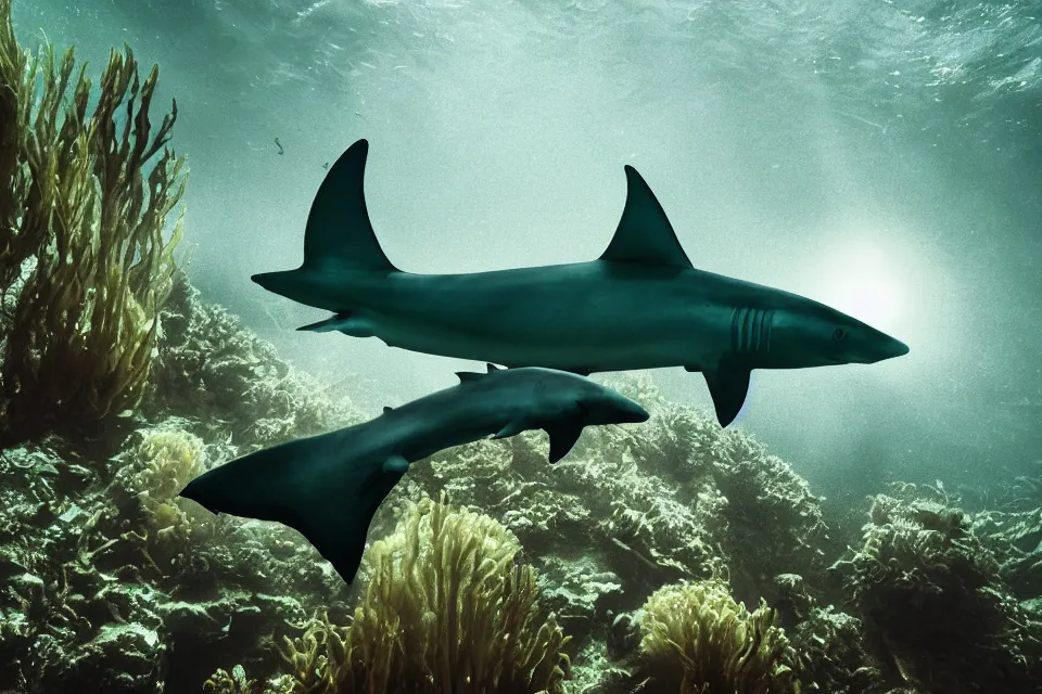 Image similar to ominous alien shark underwater, mysterious glow, HD nature photography