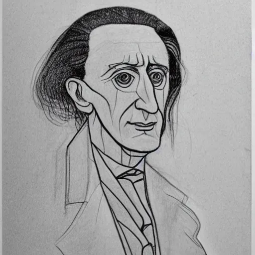 Prompt: an unfinished drawing of Marcel Duchamp, hyperdetailed and line drawing