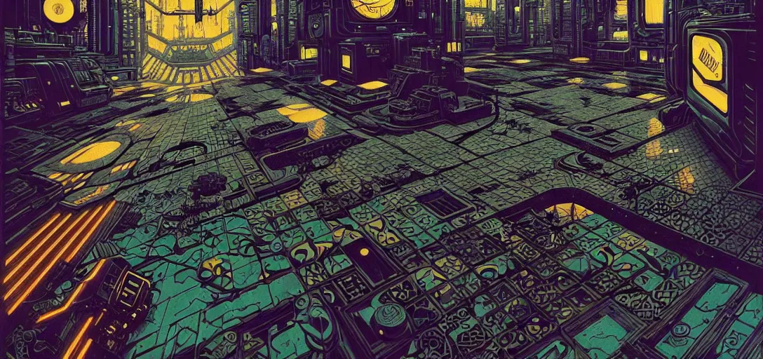 Image similar to cyberpunk steampunk tech tiled floor, one point perspective, high details, bold line art, by vincent di fate and joe fenton, inking, screen print, masterpiece, trending on artstation, sharp, hyper - detailed,, hd, 4 k, 8 k
