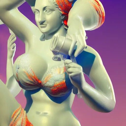 Image similar to close - up of white reneissance statue holding a coctail, colorful coctail, digital painting, 3 d render