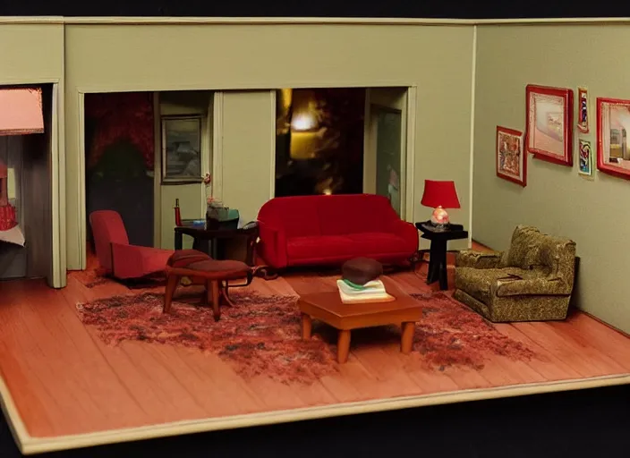 Image similar to Still frame the retro Twin Peaks, depicting the red room scene from Twin Peaks, made by doll miniatures diorama, directed by Nobuhiko Obayashi