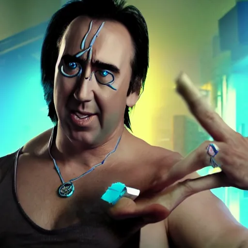 Image similar to buff nic cage playing vriska serket from homestuck, movie still, digital photography, high quality