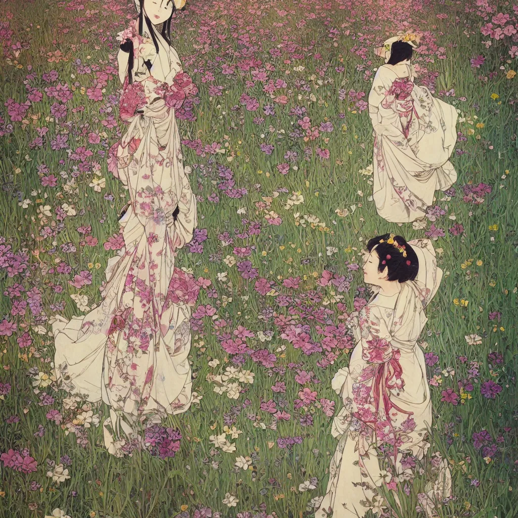 Image similar to oil painting, long shot, beautiful floralpunk japanese girl illustration walking in a park, detailed patterns art of japan traditional dress, flower pop art, floral splash painting, art by ashley wood, alphonse mucha, makoto shinkai, geof darrow, dark shadow