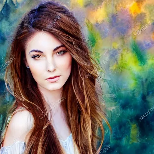 Image similar to outdoor portrait of a very beautiful young woman with gorgeous eyes, high cheek bones, flowing hair, incredible watercolor painting