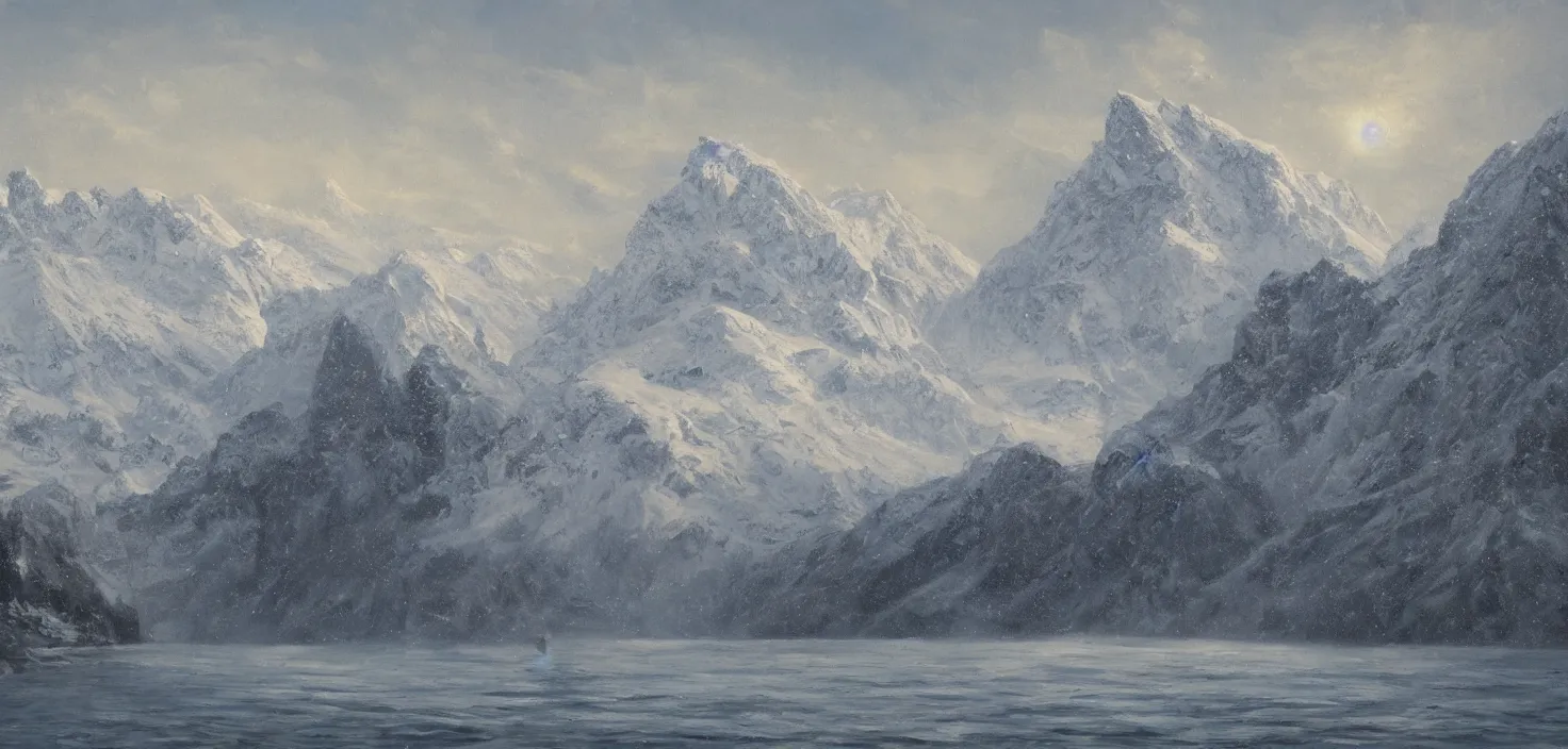 Image similar to detailed Photorealistic oil painting of an epic scene containing A snowy mountain that faces the open water and is blocked off by a large castle