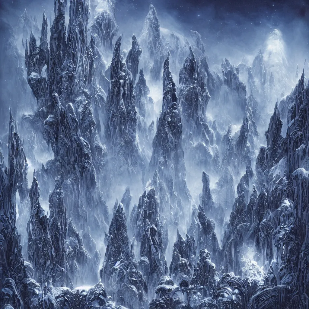 Image similar to frozen ancient alien cityscape in the mountains of antarctica, upward cinematic angle, by rodney matthews, michael kaluta, and john byrne, fantasy art, evil atmosphere, winter night aesthetics, stunning composition, alien faces, monstrous behemoth statues, intricate, strange, elegant, digital art, hyperdetailed towers, colorful hyperrealism, brilliant photorealism, masterpiece, 8k