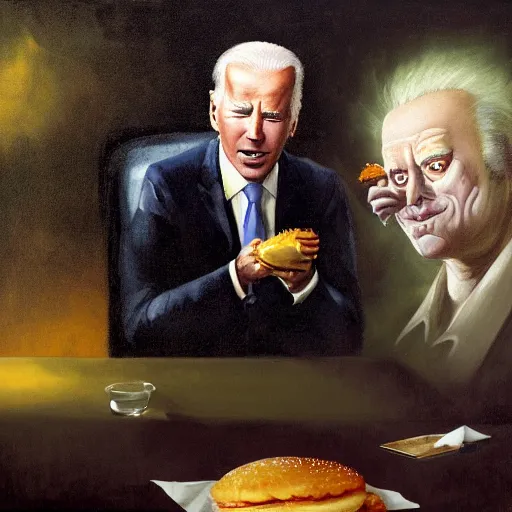 Prompt: surreal portrait of Joe Biden emerging from deep shadows eating hamburger, face partially melting LSD effect, xtra onions and ketchup, luscious patty with sesame seeds, figure in the darkness of renaissance, serving big macs, Francisco Goya, painted by John Singer Sargant, Adrian Ghenie, style of Francis Bacon, highly detailed, 8k, trending on artstation