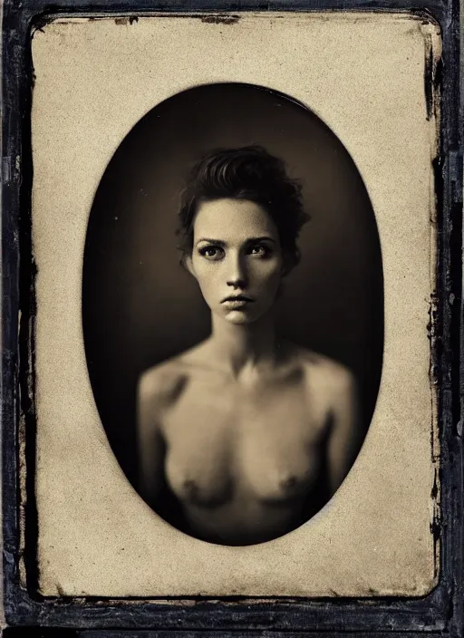 Image similar to portrait of a young women with beautiful eyes, photo realistic, elegant, award winning photograph, parallax, cinematic lighting, ambrotype wet plate collodion by richard avedon and shane balkowitsch