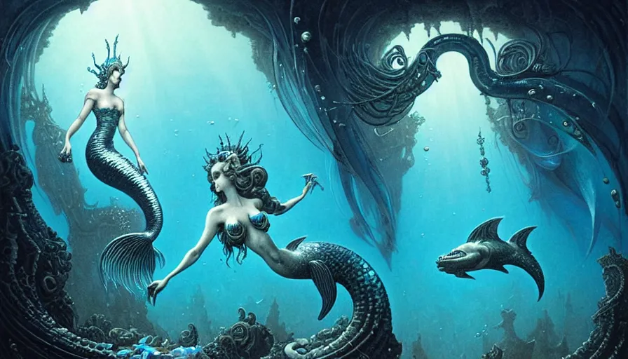 Image similar to a graceful beautiful mermaid looking at the sunken city of Atlantis deep under water, stunning undersea intricate detailed grand architecture in the style of Joe Fenton, art style by Greg Rutkowski and Mohrbacher and Gerald Brom and H. R. Giger, deep underwater scene, dark and moody, rays of sunlight, faint volumetric god rays, grim crushing atmosphere, trending on artstation, masterpiece, claustrophobic, dizzy, sharp focus, 8k octane beautifully detailed render, post-processing, extremely hyperdetailed, intricate, epic composition, grim yet sparkling atmosphere, cinematic lighting + masterpiece, trending on artstation, very detailed, Art Nouveau