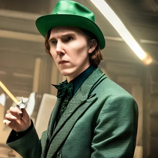 Prompt: film still of Paul Dano as Riddler in a new Batman movie, 4k, dark muted colors, less vibrant, low saturation, dim lighting, heavy shadows
