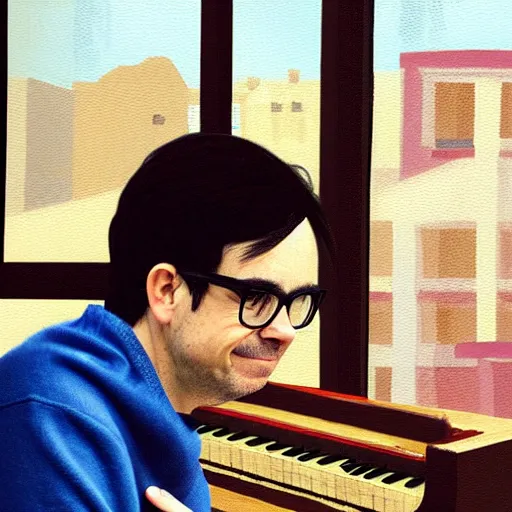 Image similar to An Oil Painting of Rivers Cuomo in a sweater with long hair and a mustache playing his piano in an apartment as he looks out the window next to him to see a nuke drops onto the city outside his window next to him, hyperrealistic, extremely realistic, highly realistic, HD Quality, 4k resolution, 8k resolution, Detailed, Very Detailed, Highly Detailed, Extremely Detailed, Intricate Details, Real, Very Real, Oil Painting, Digital Painting, Painting, Trending on Deviantart, Trending on Artstation