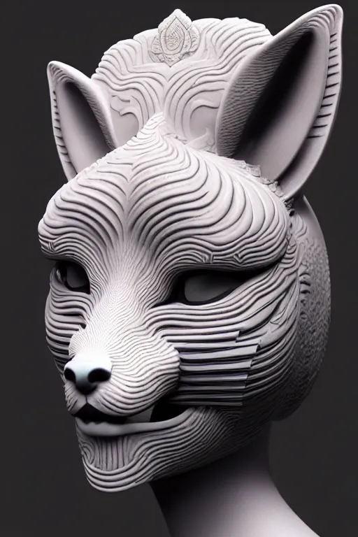 Image similar to 3 d goddess close - up profile portrait. beautiful intricate highly detailed korean fox mask and traditional korean hanbok. stingray, magpie, bio luminescent, plasma, lava, ice, water, wind, creature, artwork by tooth wu and wlop and beeple and greg rutkowski, octane 3 d render