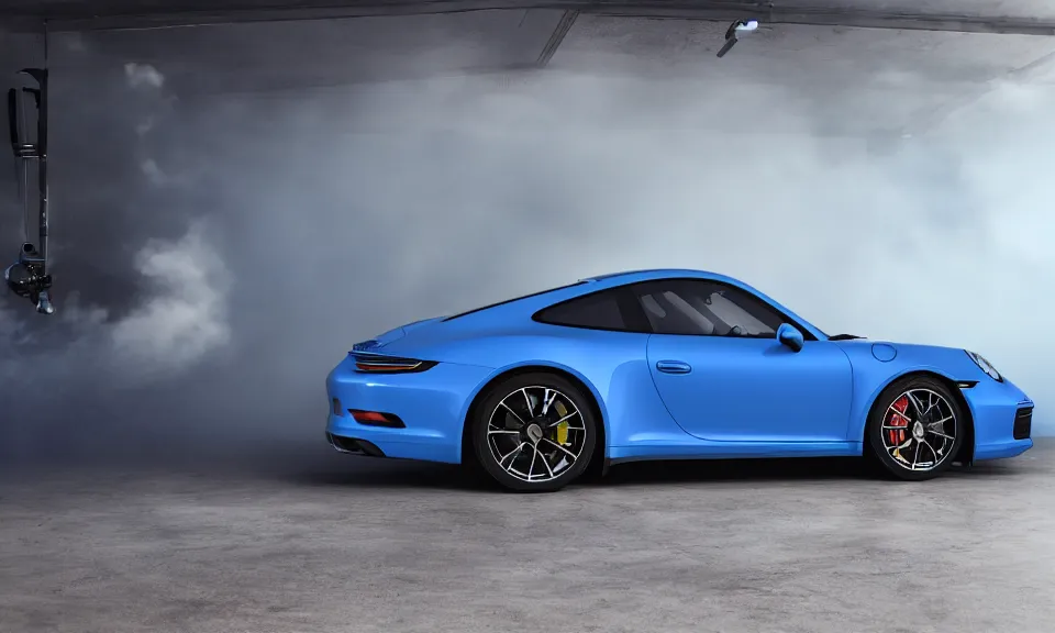 Image similar to photo of a blue porsche 911 standing in a garage, centered, mist, volumetric light, cinematic lighting, octane render, 4k