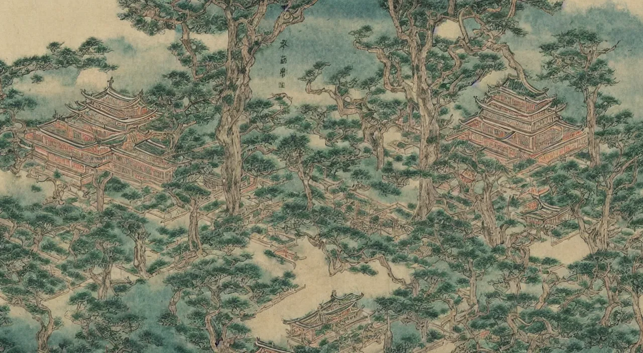 Image similar to a beautiful painting of a singular ancient Chinese palace, with a garden, in the style of anime