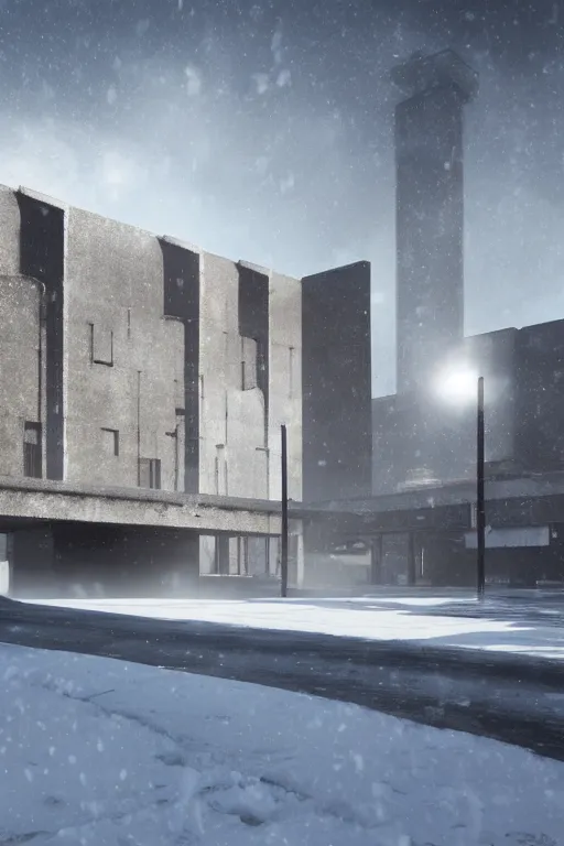 Image similar to brutalist architecture, hyperrealistic rendering, 4 k, tyndall effect, snow day