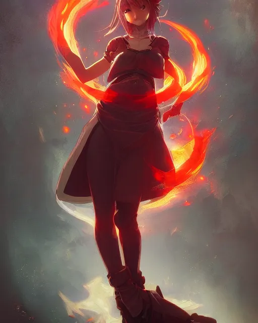 Prompt: red eyed anime girl, flames everywhere, highly detailed, digital painting, artstation, concept art, smooth, sharp focus, illustration, art by artgerm and greg rutkowski and alphonse mucha