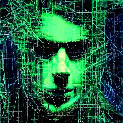 Image similar to hyperrealistic portrait of a cyberpunk man, teenager, long hair, immersed within a network, glitch eyes, by Guy Denning, Johannes Itten, Derek Gores, Russ Mills, glitch art, smooth lines, fine detail, polished, complex, hacking effects, holographic, digital tech effects, green, color blocking!, realistic, acrylic on canvas, concept art, abstract!, symmetrical, 8k, concept art, octane, photorealistic, cgsociety, trending on artstation