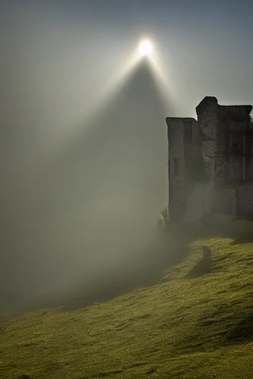 Prompt: brocken spectre, ghost of the lake, ruined castle