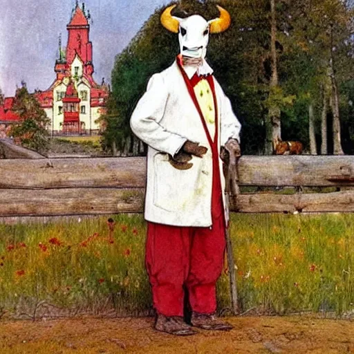 Image similar to painting by carl larsson, cow, dressed, anthropomorphic!!, wearing!!! clothes!!!, standing next to royal castle!!!