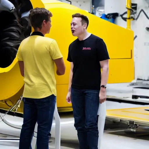 Prompt: elon musk on a rocket!, talking to student in yellow shirt